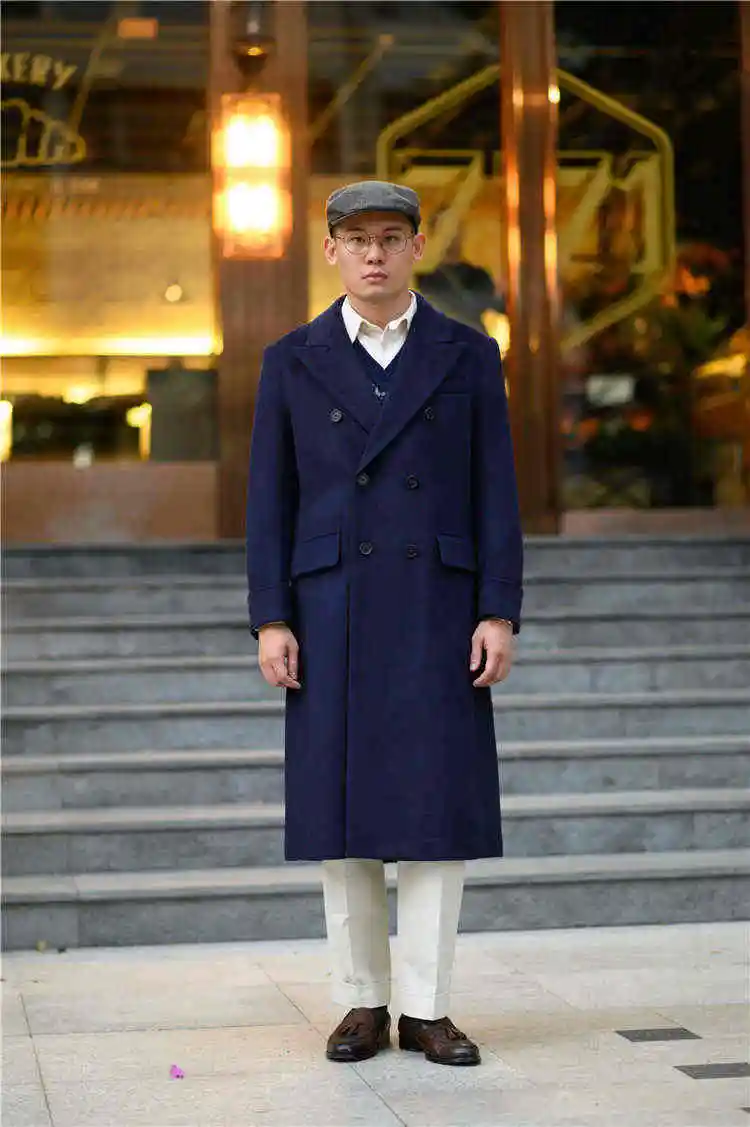 Men Long Overcoat Navy Wool Blend Double Breasted Coat Winter Business Casual  Outwear