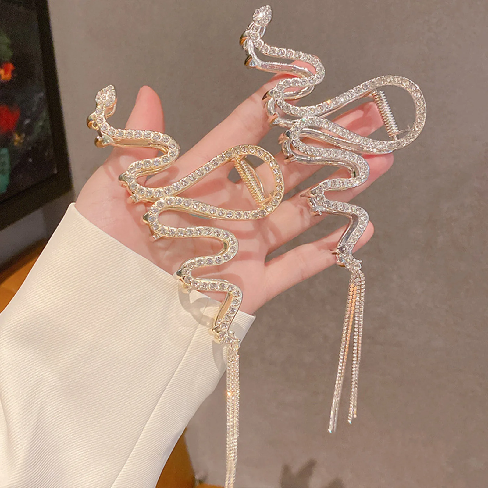 مشبك شعر على شكل ثعبان كبير على شكل قرش من حجر الراين للنساء والفتيات وإكسسوارات الشعر لحفلات الزفاف والحفلات الراقصة #1