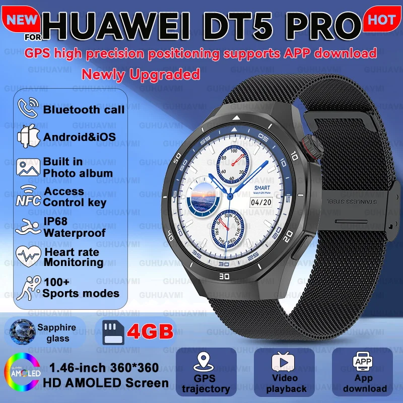 

Новое обновление для HUAWEI DT5 Smart Watch GPS 4 ГБ памяти Загрузка через приложение NFC Воспроизведение видео BT Call 1,46 "Сапфировый экран Smartwatchs