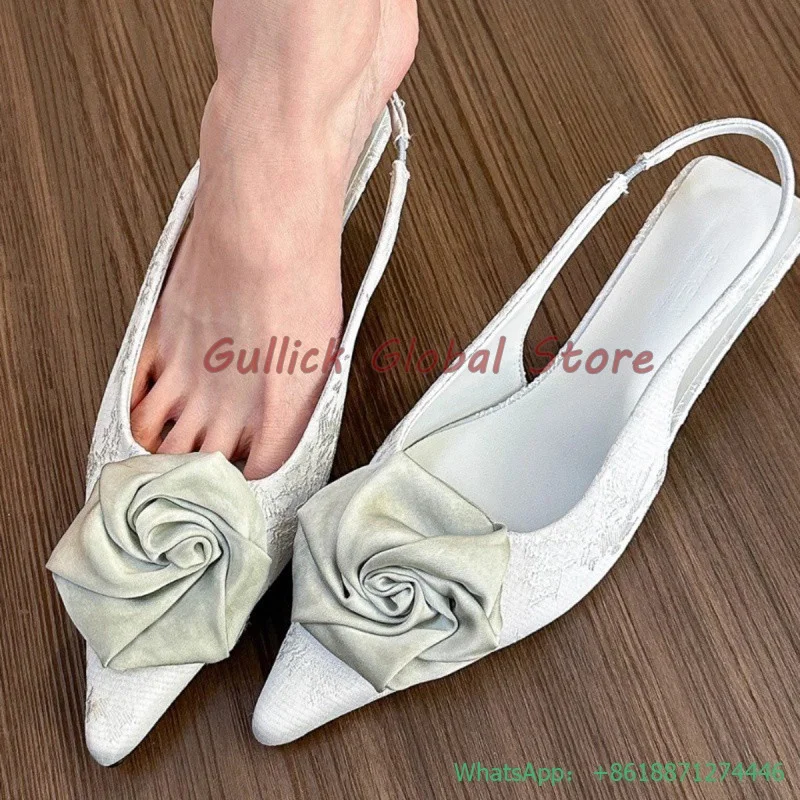 2024 New Arrival Satin Pointed Toe Rose Decoration Shallow Wrapped Toe Slingback Pumps Elastic Band Summer Dress Grace Cheap