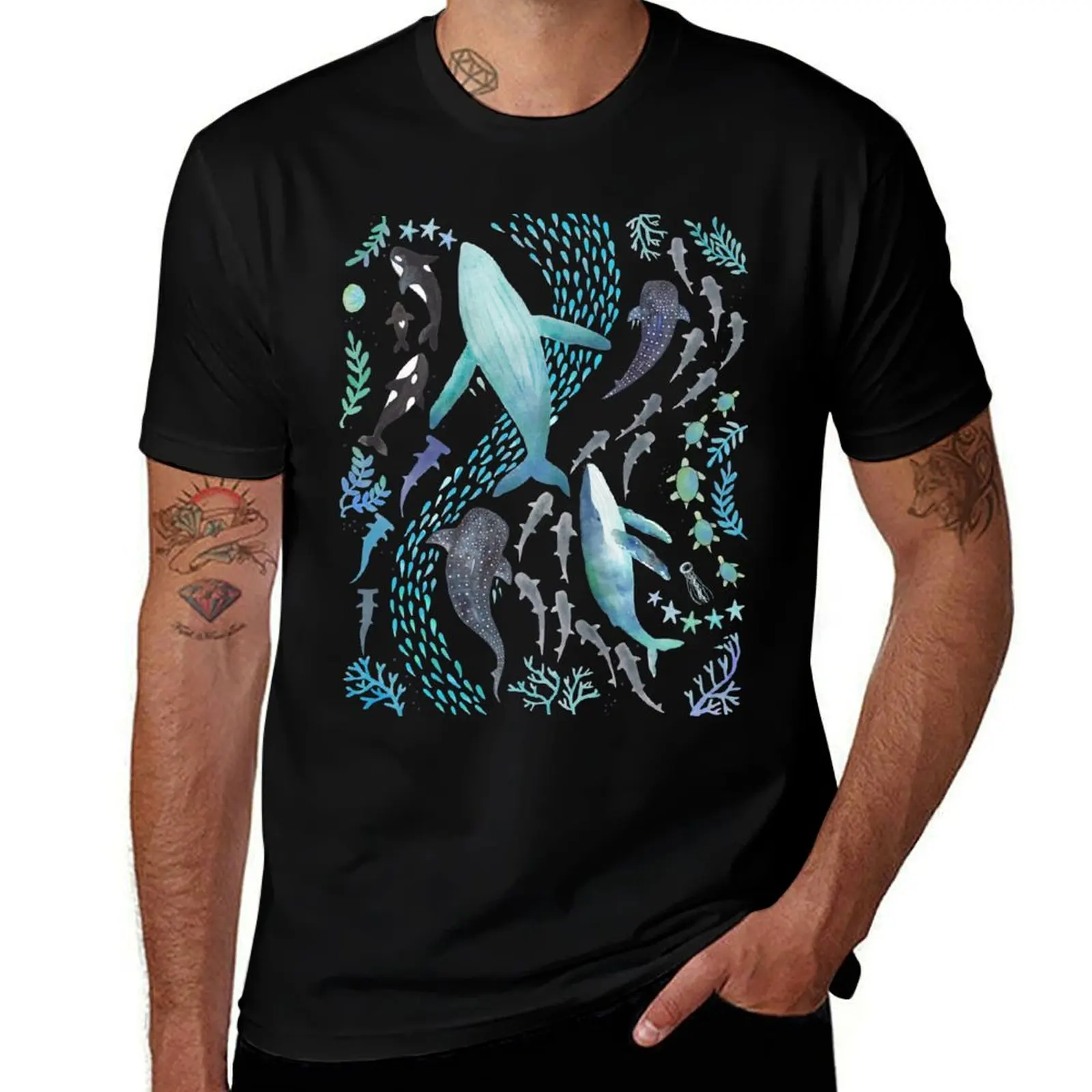 

Sharks, Humpback Whales, Orcas & Turtles Ocean Play Print T-Shirt shirts graphic tees sublime t shirt men 100℅ cotton