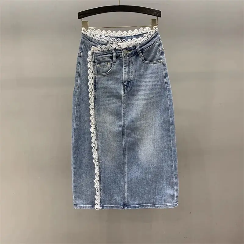 

Lace splicing denim skirt women's 2025 spring summer new high waist thin split fork medium long a-word hip skirt