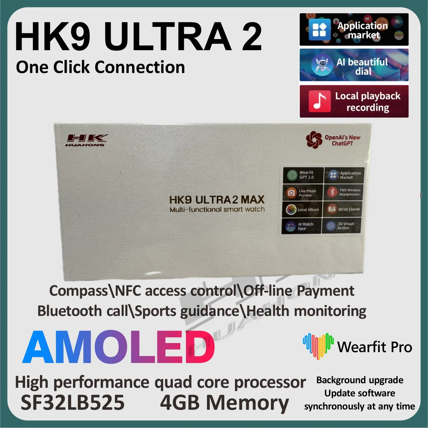 HK9 Ultra 2 Max Gen5 Relógio Inteligente Música Local 4GB ROM Tela Amoled ChatGPT2.0 HK9 Ultra 2 Atualizado Relógio Inteligente para Homens e Mulheres