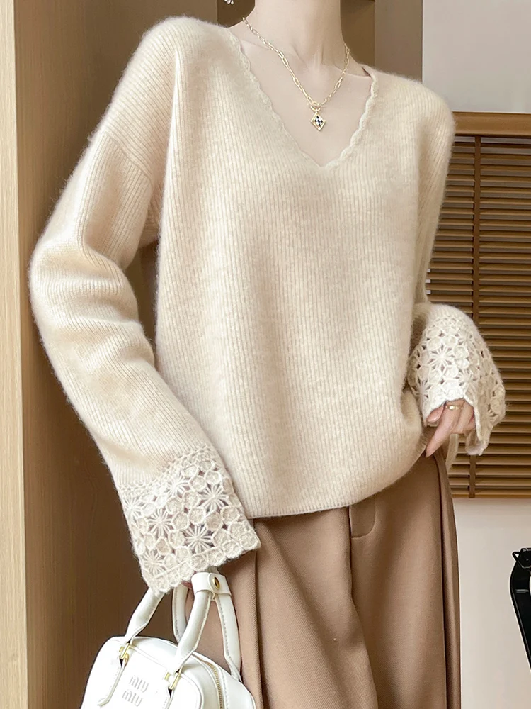 

High Quality Women's V-neck Pullover Sweater Autumn Winter 100% Merino Wool Knitwear Office Lady Lace Knit Cashmere Sweater Tops