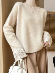 High Quality Women's V-neck Pullover Sweater Autumn Winter 100% Merino Wool Knitwear Office Lady Lace Knit Cashmere Sweater Tops