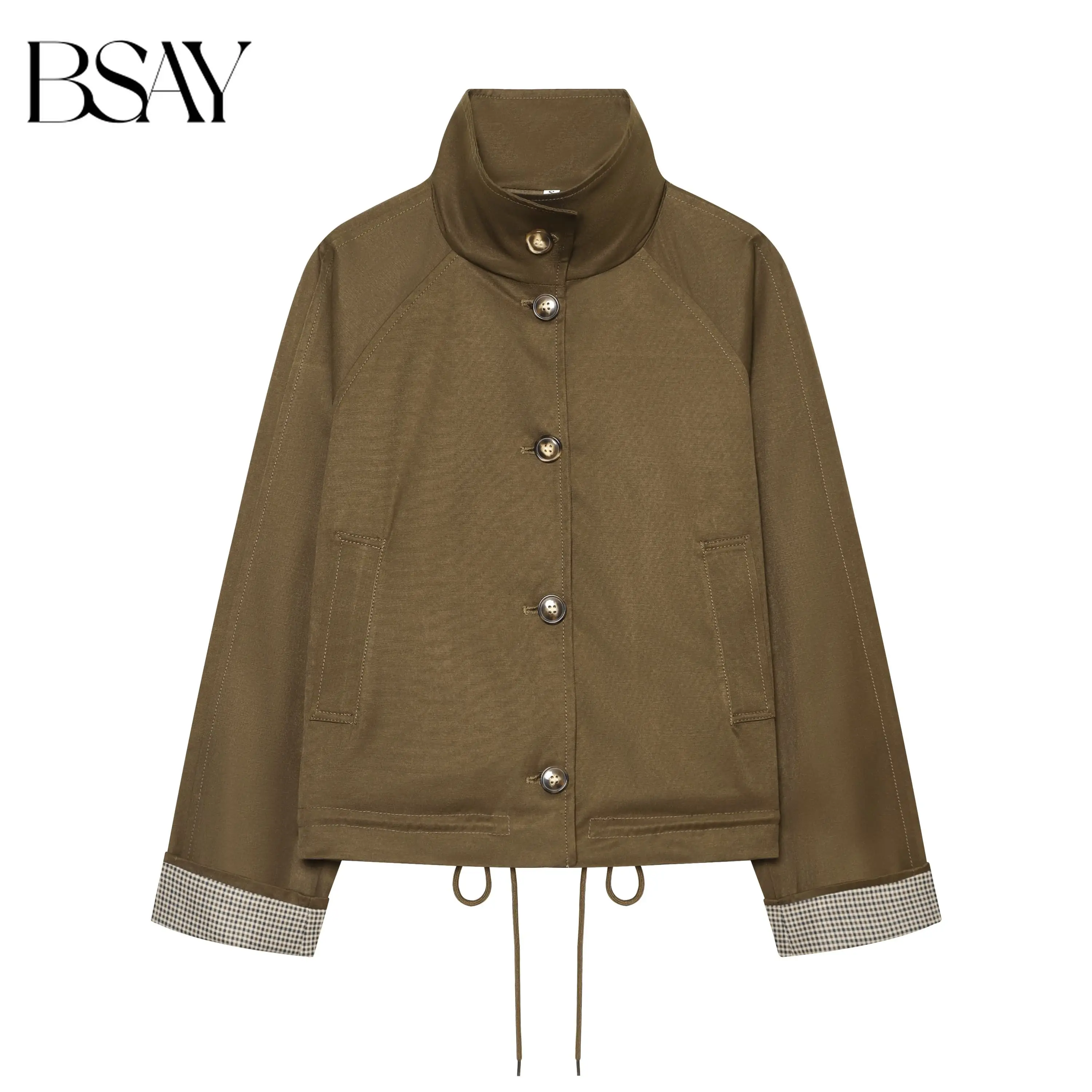 BSAY 2026 Fashion Stand Collar Cropped Jacket Women Plaid Cuff Drawstring Hem Button Down Loose Casual Short Windbreaker Coat