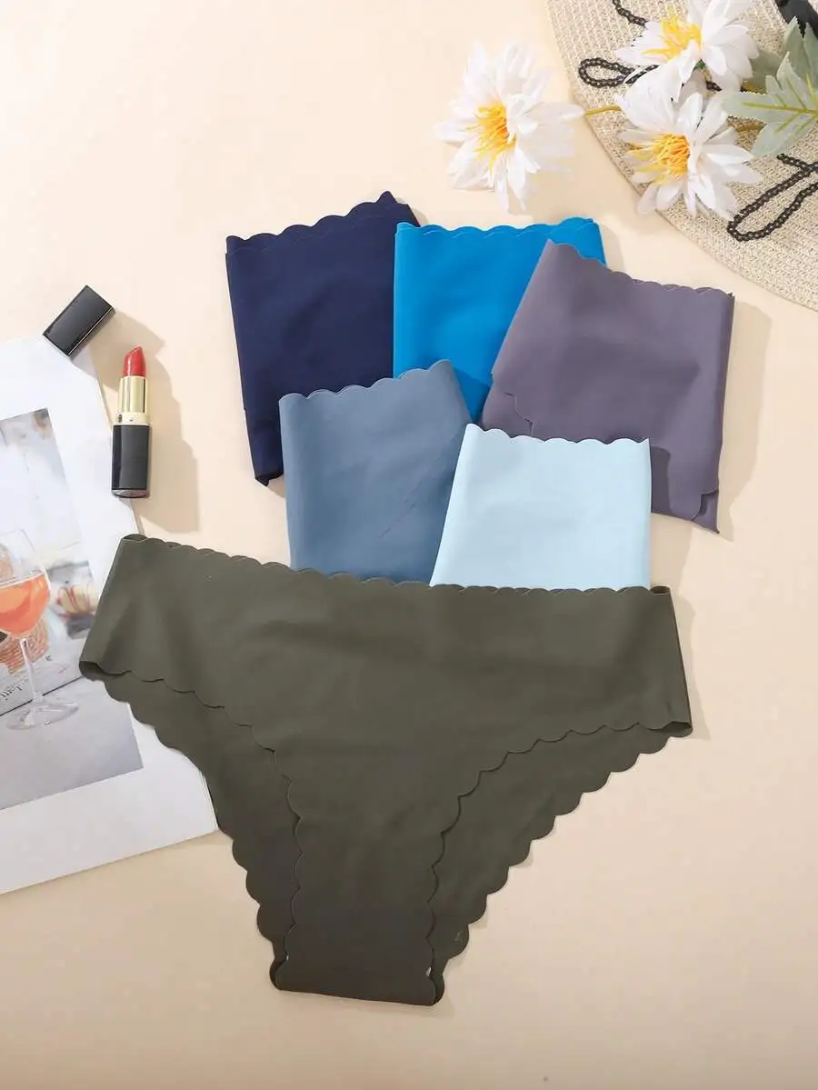 

6pcs Women Solid Color Wavy Edge Bikini Briefs Comfortable Soft Underwear