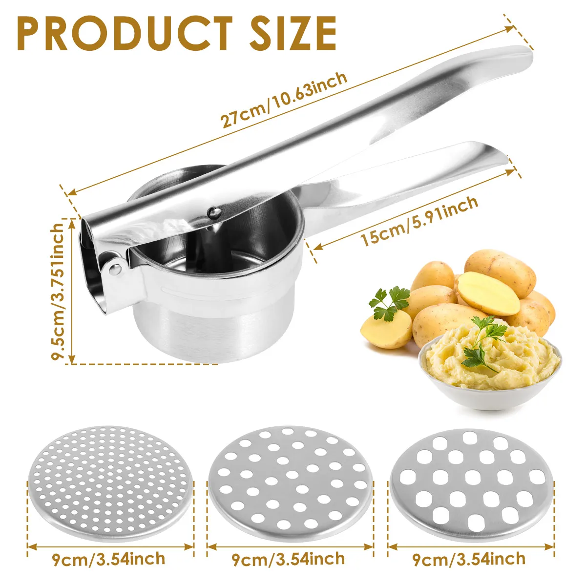 Potato Masher Stainless Steel Potato Ricer With 3 Interchangeable Discs Manual Potato Pressure Labor Saving Press Kitchen Tool