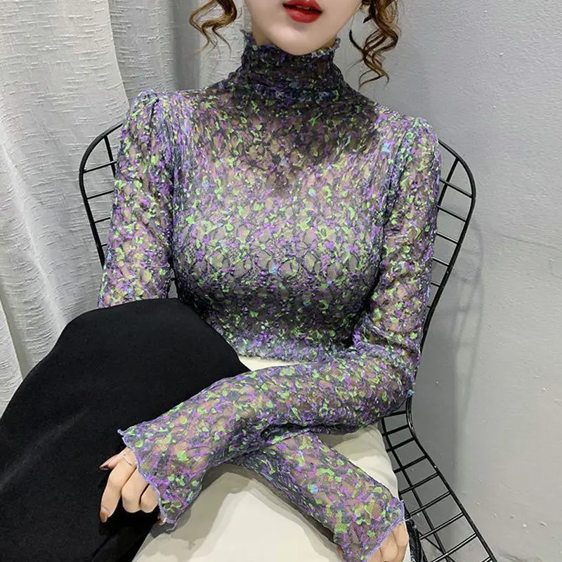 Women's Clothing Winter Thin Pullovers Long Sleeve Turtleneck Temperament Undercoat Fashion Printing Slim Casual Sweet T-Shirts