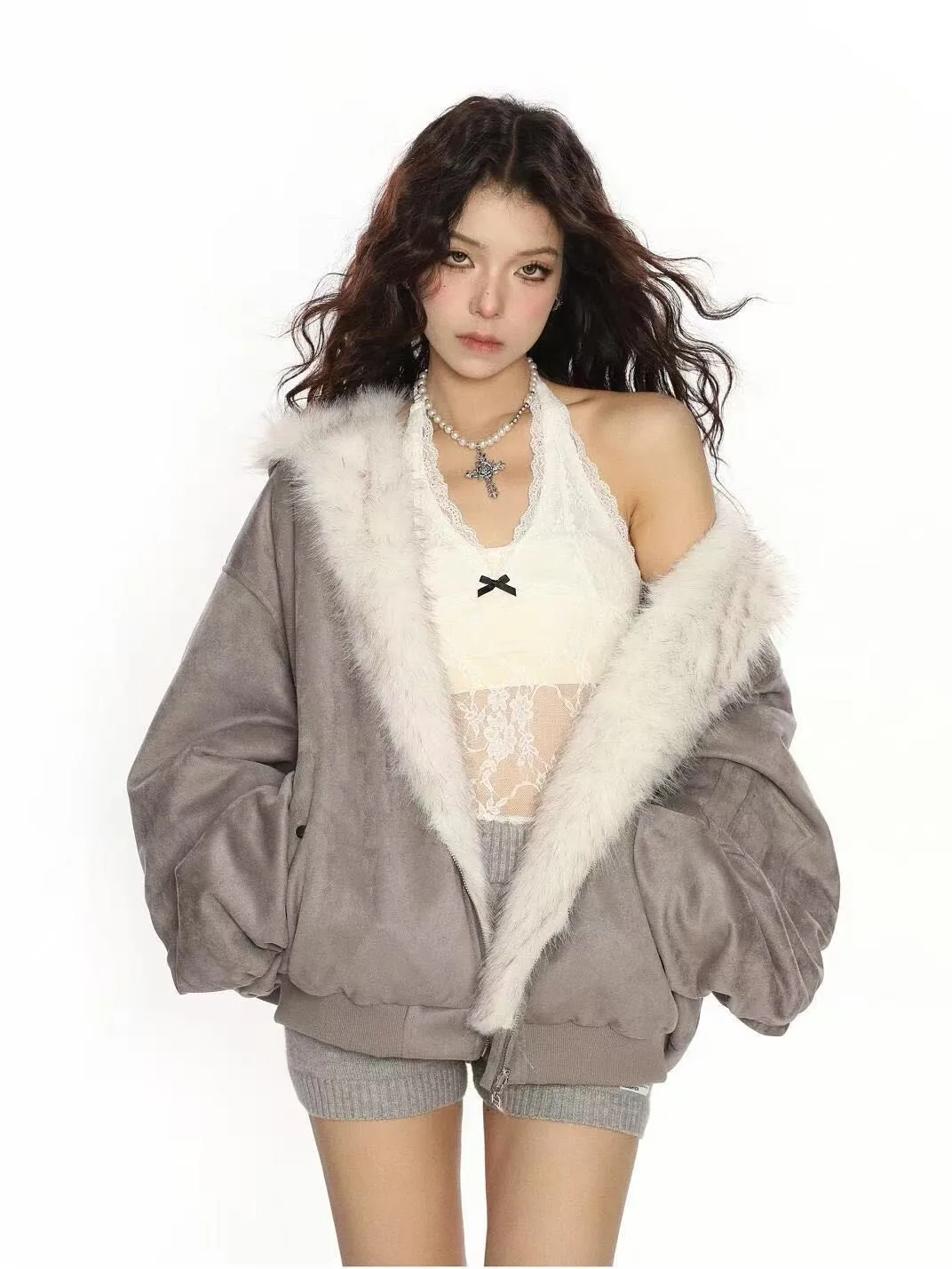 Women  Faux Leather Coat Winter American Retro Fur Coat Women Padded Hooded Cotton-Padded Jacket Plush Casual Harajuku Oversize