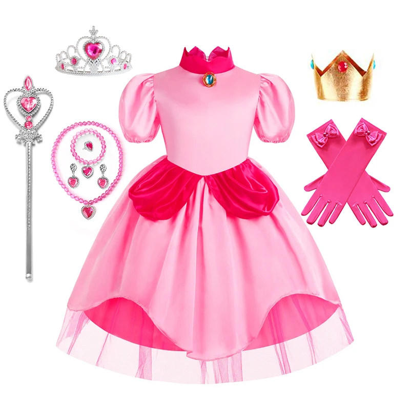 Peach Princess Dress Girl 2-10 Yrs Pink Cosplay Costume Cute Dress Up Clothes Children Birthday Theme Party Carnival Outfit