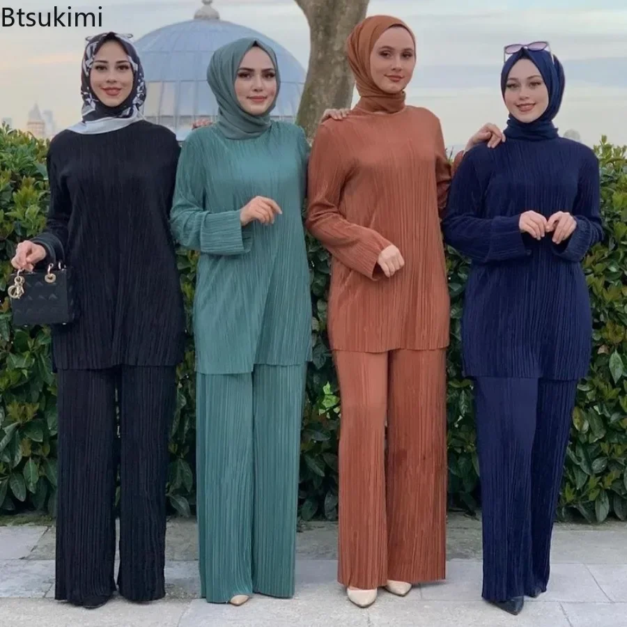 

Women Casual Vintage Muslim Sets Ramadan Abaya Hijab Turkey Dubai Kaftan Prayer Dress Wide Leg Pants 2 PCS Sets Islamic Clothing