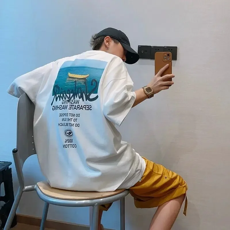 남성용 헤비 코튼 반팔 티셔츠, 하이 스트리트, 루즈하고 다용도, 바나나 보트, 그래피티 프린트, 패션 브랜드, 여름 Best5 남성용 헤비 코튼 반팔 티셔츠, 하이 스트리트, 루즈하고 다용도, 바나나 보트, 그래피티 프린트, 패션 브랜드, 여름 Best5