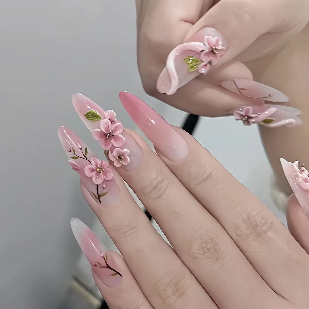 10Pcs Handmade Manicure Medium Almond Fake Nails New Cute 3D Limited Nails Press On Nails Design with Adhesive Nail File Set