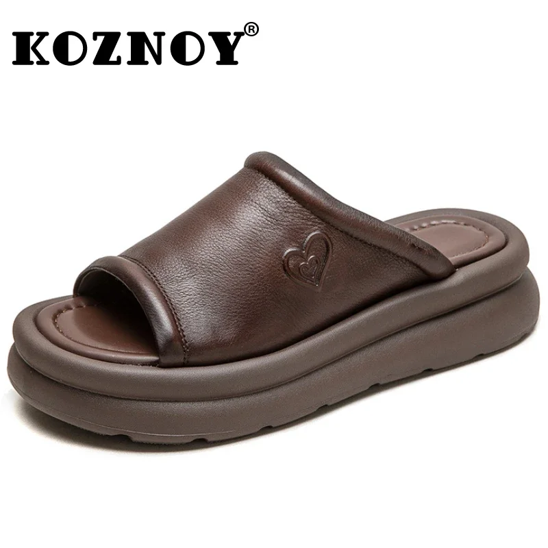 Koznoy 4.5cm Weave Genuine Leather Flats Loafer Platform Wedge Good Slipper Flexible Summer Lightweight Rubber Comfy Women Shoes