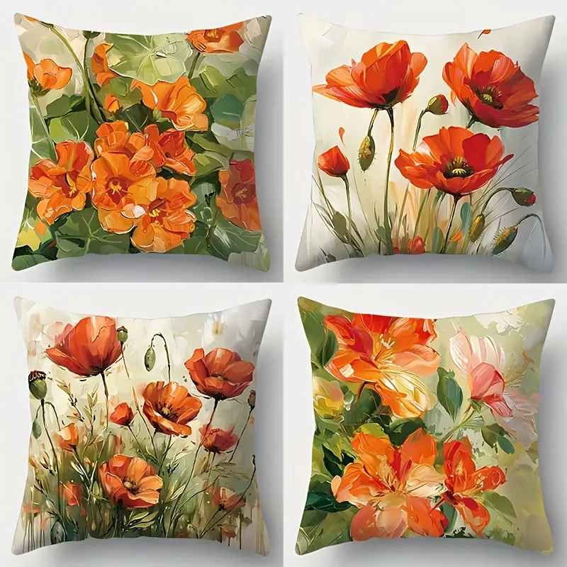 Set of 4 Floral Poppy Throw Pillow Covers Watercolor Poppies Autumn Style Cushion Shams Home Decor Accent for Living Room