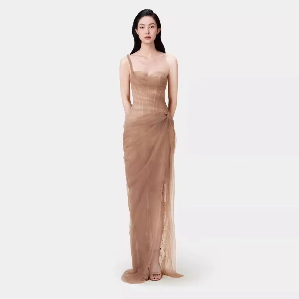 Small Niche Light Gauze Strapless Suspender Dress High-end Dress Salt Based Light Mature Wind Mesh Dress Seaside Dress