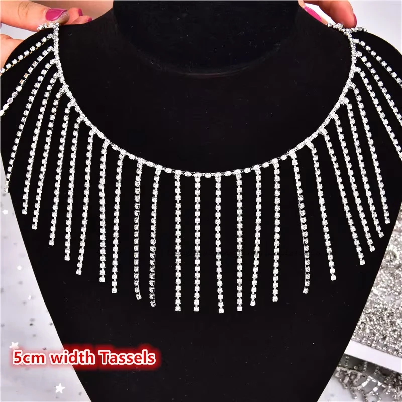 5/8/12cm Long Rhinestone Tassel Trim Glitter Clear Crystal Dangle Fringe Bridal Diamond Chain DIY Clothing Bags Shoes Decoration