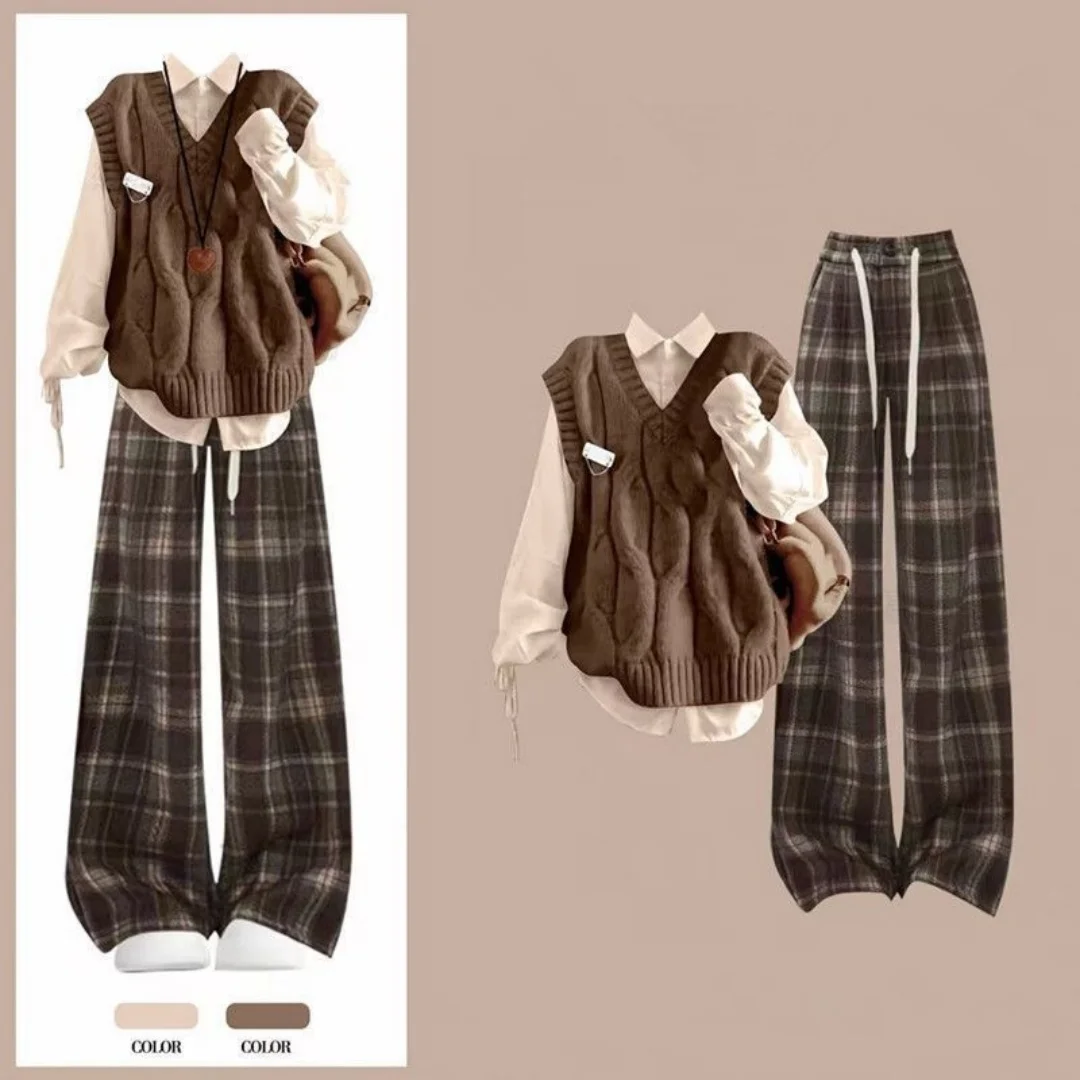 Ensemble de Style collégial, chemise gilet tricotée coréenne pour femmes, pantalon décontracté à carreaux de Style paresseux, ensemble trois pièces élégant pour femmes