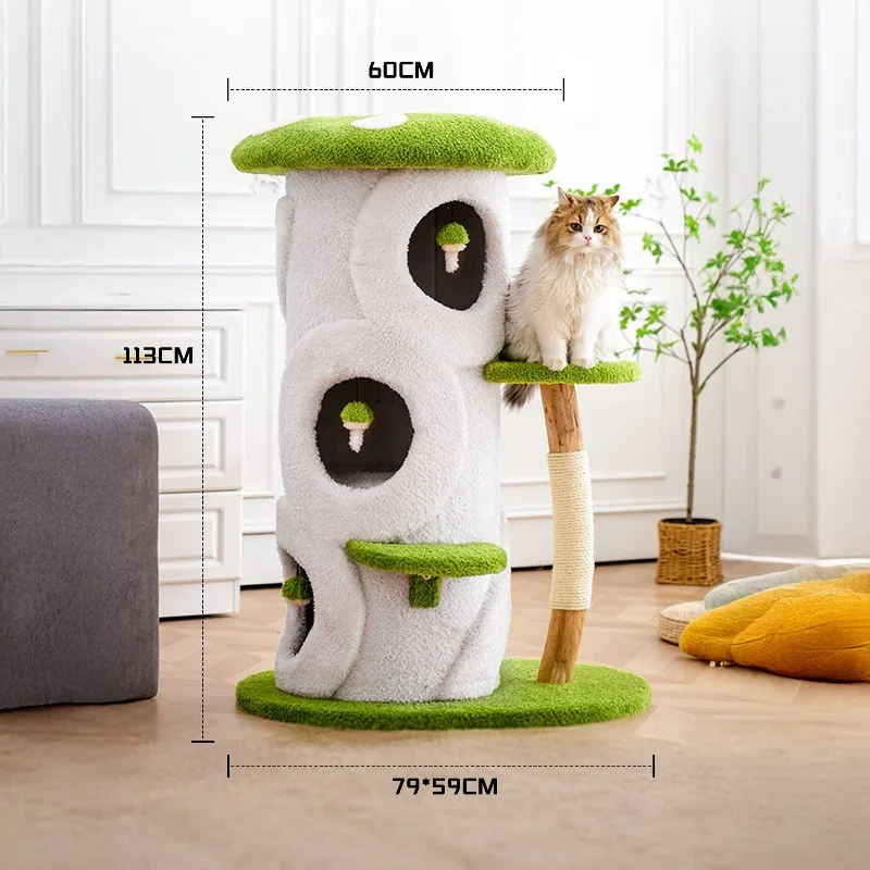 Multi Level Mushroom Top Cat Tree Natural Tree Hole Cat House Sisal Scratching Post Platform With Hanging Toy Indoor Cat Furnitu