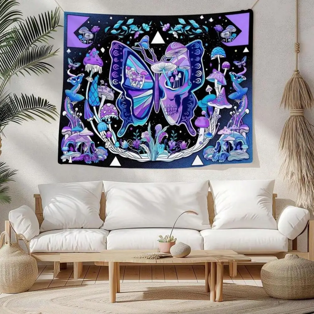 VIKAMA Psychedelischer Schmetterlings-Pilz-Wandteppich, Trippy Totenkopf- & Neon-Pilz-Print Wandbehang, für Schlafzimmer- und Gaming-Raumdekoration