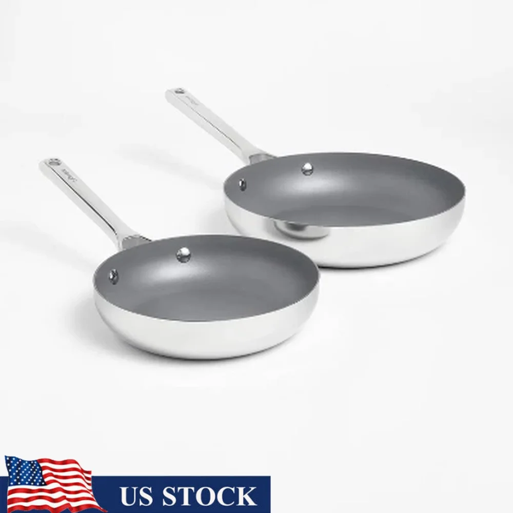 

2pc Nonstick Frying Pan Set Stainless Steel Ceramic Coated 10in 8in Induction Electric Gas Oven Safe Dishwasher Safe