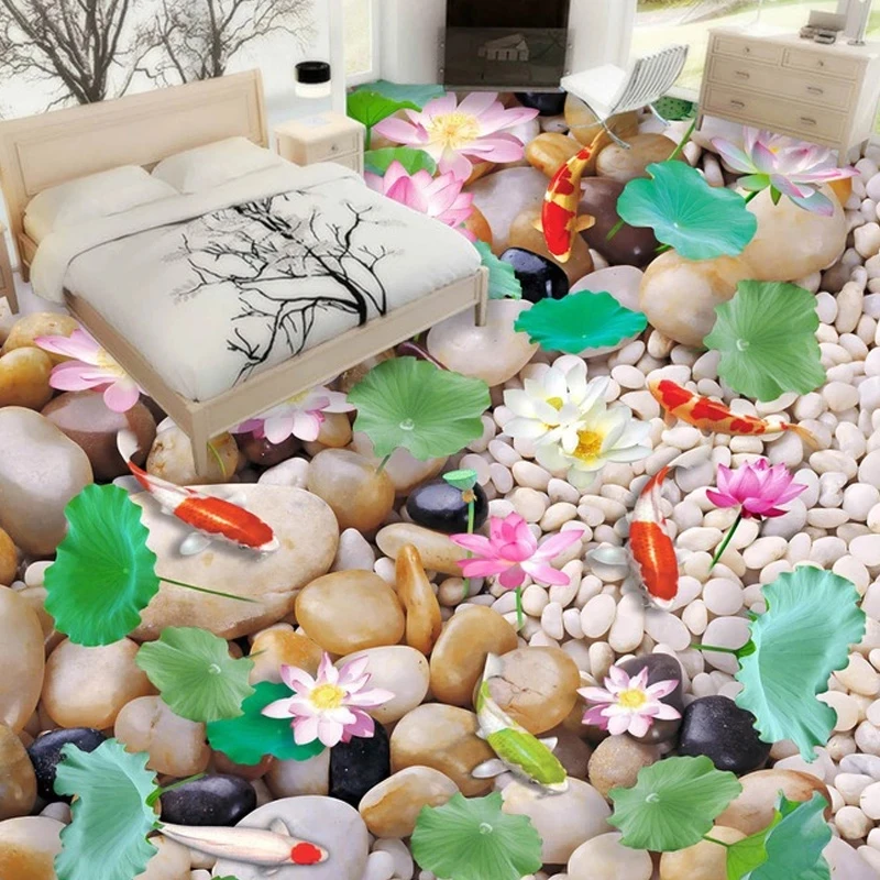 Custom 3D Photo Wallpaper Chinese Style Cobblestone Lotus Kitchen Living Room Bathroom Floor Self-adhesive Mural Waterproof
