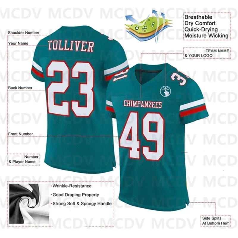 

Custom Teal White-Red Mesh Authentic Football Jersey Short Sleeves Athletic Tee Shirts Unisex Top streetwear