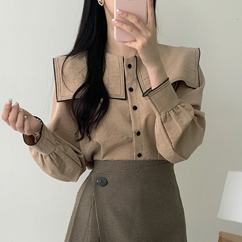 Csa de Mujer Vintage con Cuello de Muñeca, Bloques de Color, Manga Larga, Corte Hoado, Botón Único, Versátil, Moda Prima...