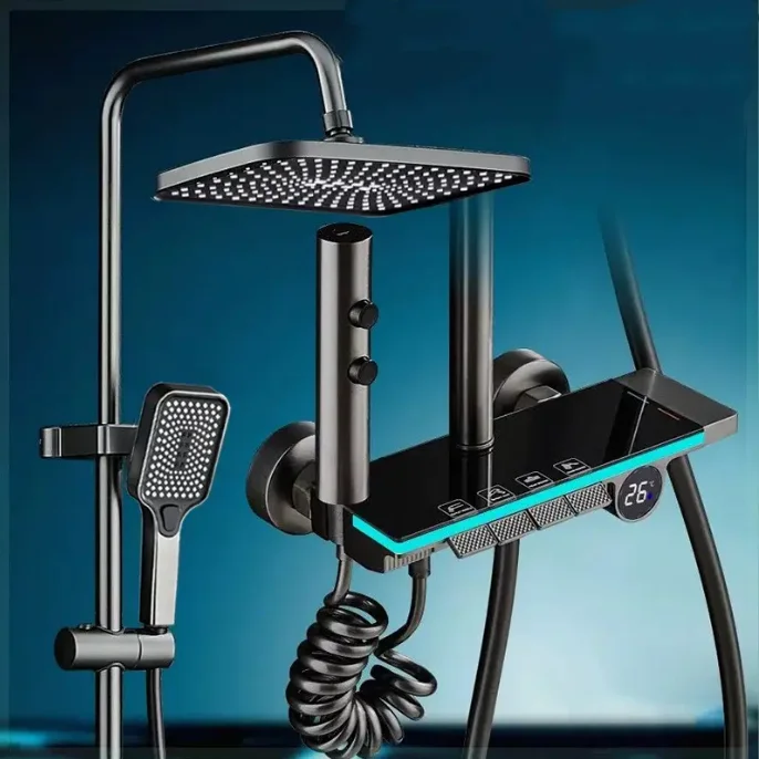 

Luxury Piano Digital Shower System Solid Brass Bathroom Faucet Hot Cold Bathroom Fixture LED Grey Thermostatic Shower Set