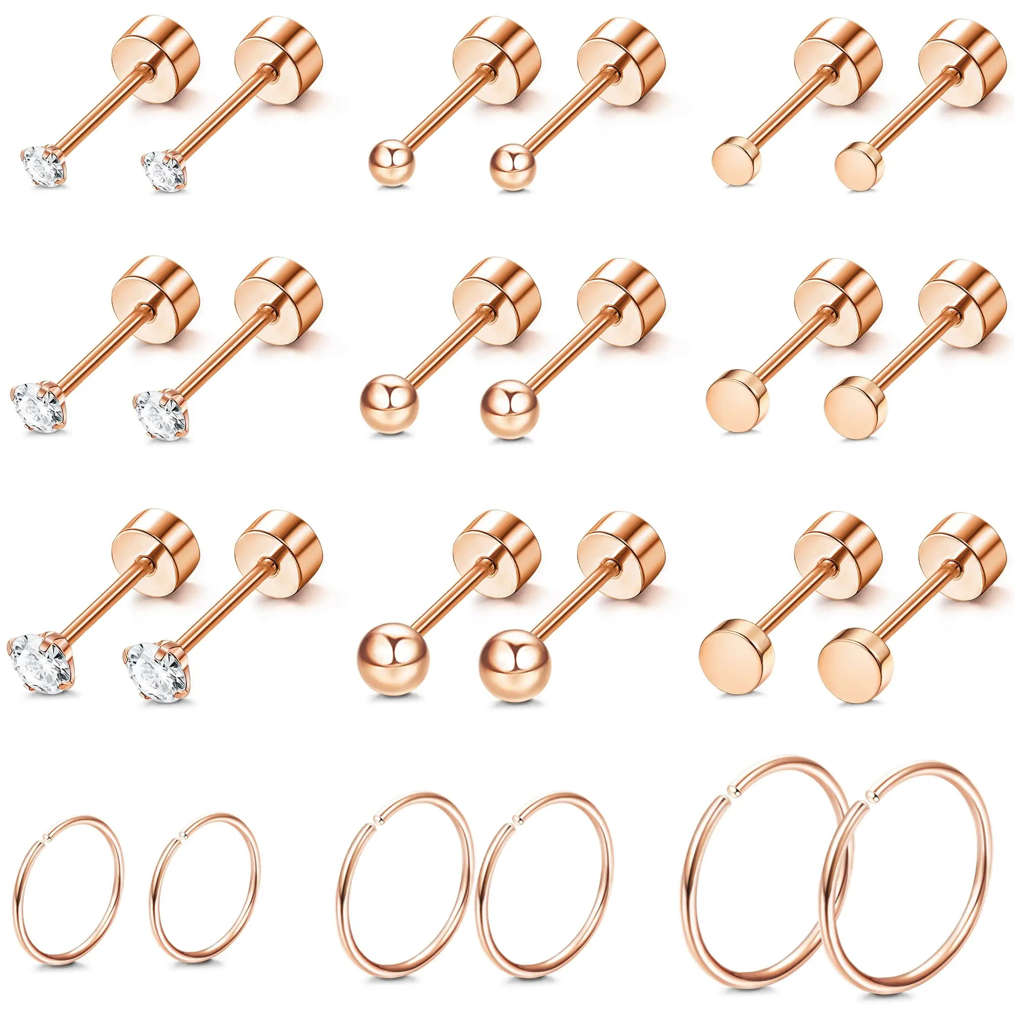 1 Pairs Rosegold Stainless Steel Tiny CZ Ball Flat Back Stud Earring Multiple Piercing Cartilage Hoop Earrings for Women Men