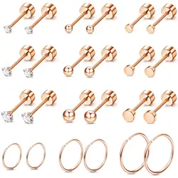 1 Pairs Rosegold Stainless Steel Tiny CZ Ball Flat Back Stud Earring Multiple Piercing Cartilage Hoop Earrings for Women Men