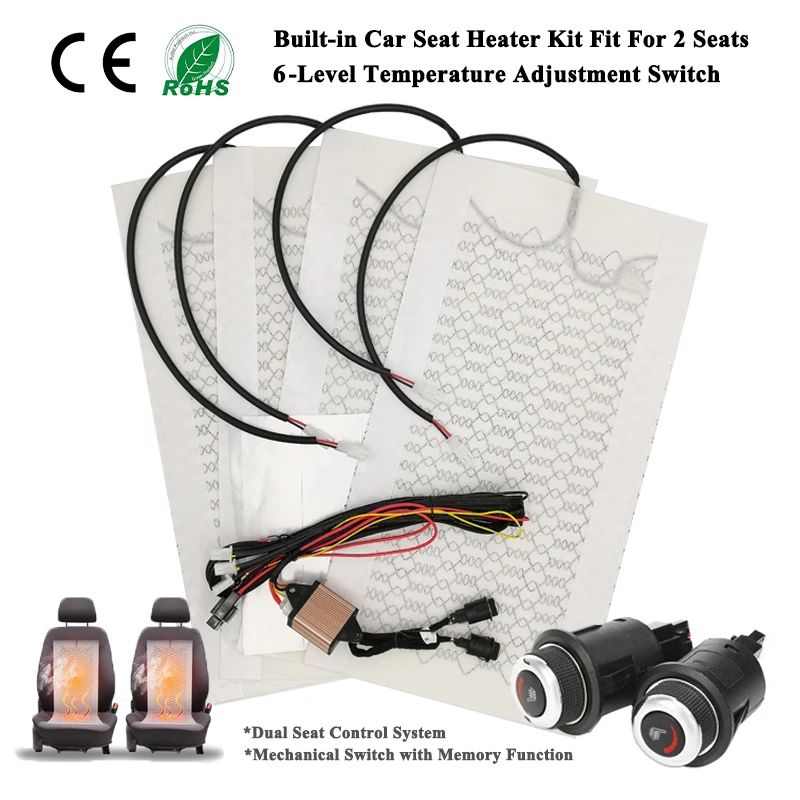 Universal 12V Built-in Car Seat Heater Kit Fit 2 Seats w 25W Carbon Fiber Heating Pads 6-Levels Knob Dual Control Switch System
