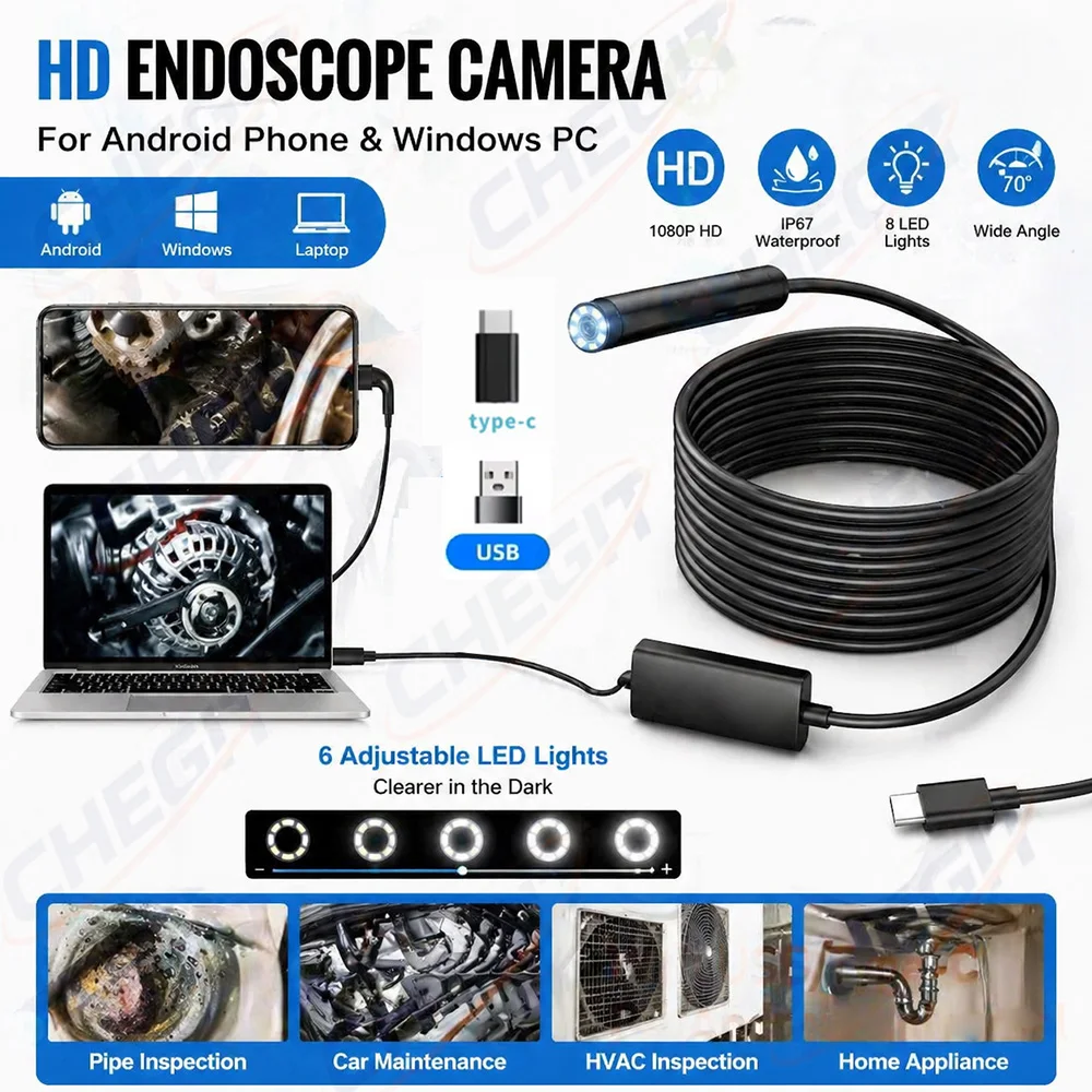 

USB Endoscope for OTG Android Phone 8mm Inspection Camera IP67 Waterproof with 6 LED Lights for Type C Borescope Snake Camera
