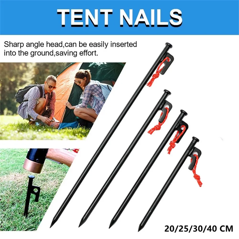 20/25/30/40cm Black Metal Tent Pegs Nails with Rope Stake Camping Equipment Outdoor Traveling Tent Sand Ground Accessories