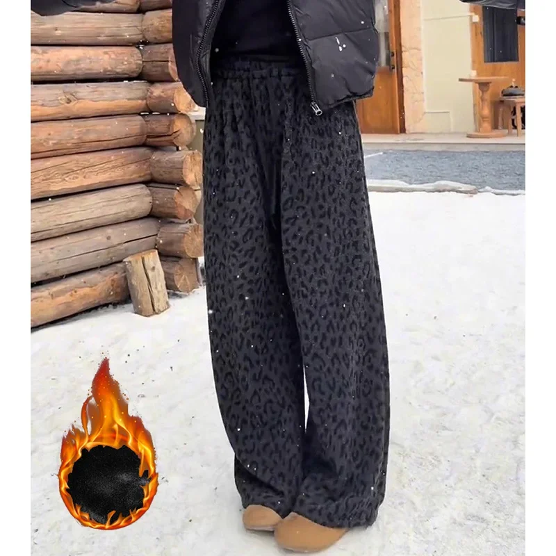 Winter Girls High Waist Thermal Plush Slacks Lady Baggy Snow Warm Velvet Pants Women Retro Leopard Printed Straight Leg Trousers