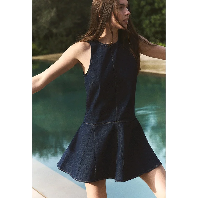 Spring Summer Women's Gored Decorative Cotton Svel round Ne A-Line Flared Skirt Denim Dr Casual Sle ort Skirt