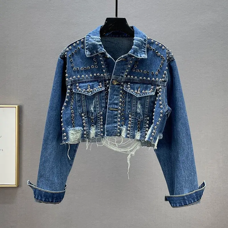 

American Vintage Denim Coats Long Sleeve Hole Raw edge Heavy Rivet Jackets Fashion Design Crop Tops All Match Women's Clothing