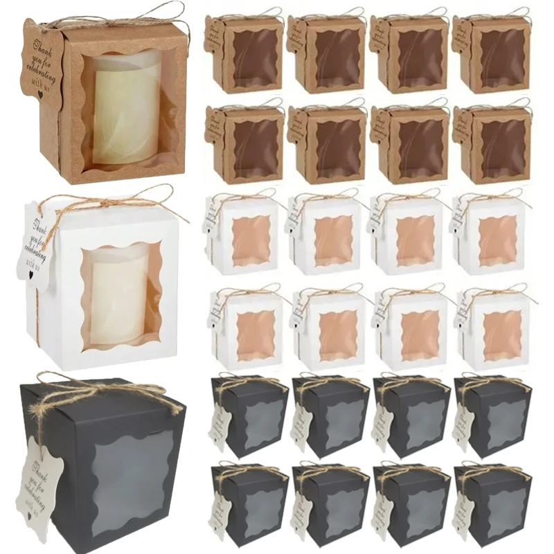 

10/20/30PCS Kraft Paper Candle Gift Boxes with Clear Window Packaging Supplies with Tags Twine for Wedding Birthday Party Jewel