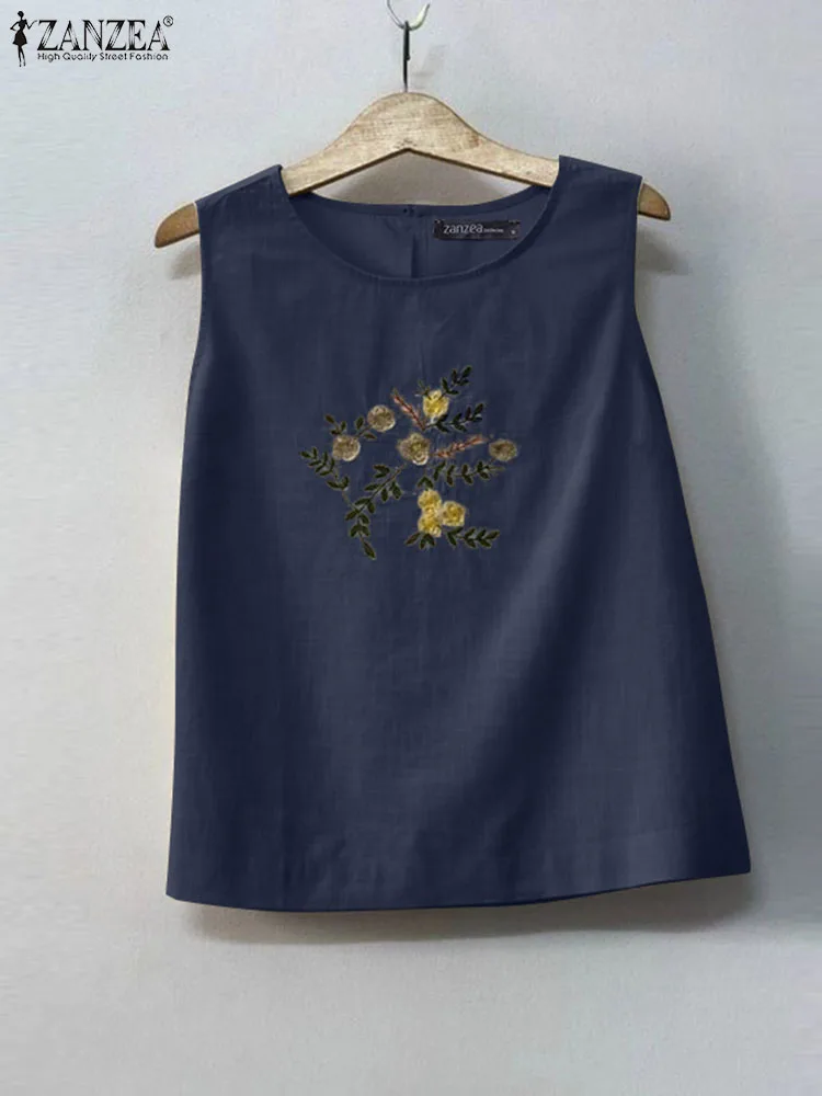 2024 Summer Camis ZANZEA Women Vintage Sleeveless Tank Tops Elegant Work Blouse Floral Embroidery Shirt Casual Oversize Tees