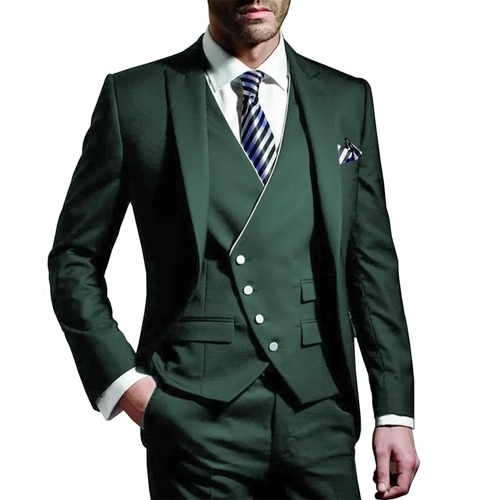 

New Green Men Wedding Suits Groom Wear Peak Lapel Wedding Tuxedos Business Party Suit 3 Pieces (Jacket+Vest+Pant) Costume Homme