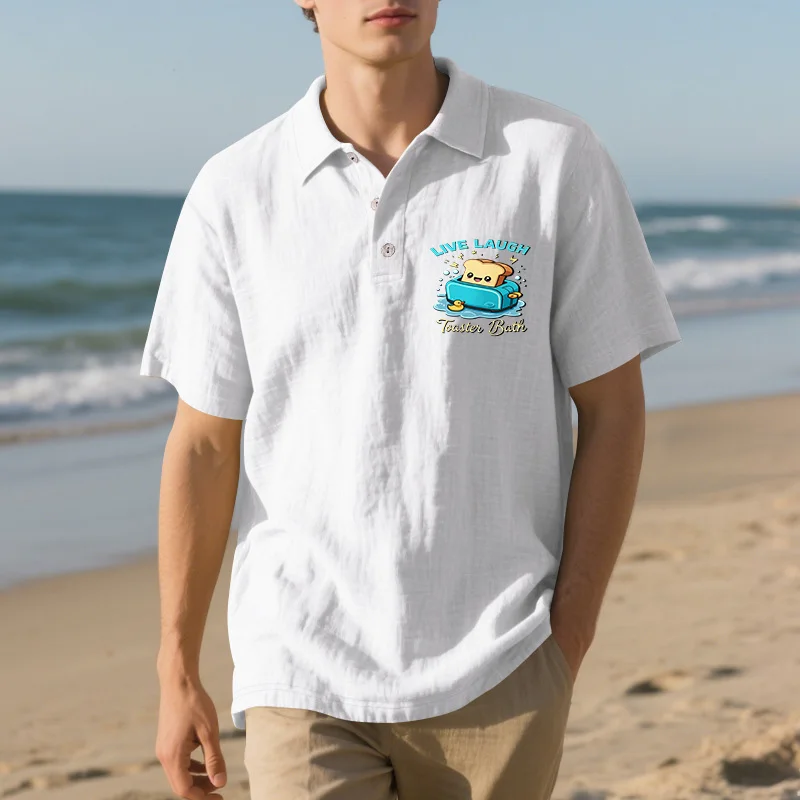 Men White Wrinkle Linen Polo Shirt Chest Cute Cartoon Toast Bathtub "Live Laugh Toast Bath" Graphic Print Short Sleeve 3 Button Lapel Collar Lightweight Breathable Beach Summer Casual Top