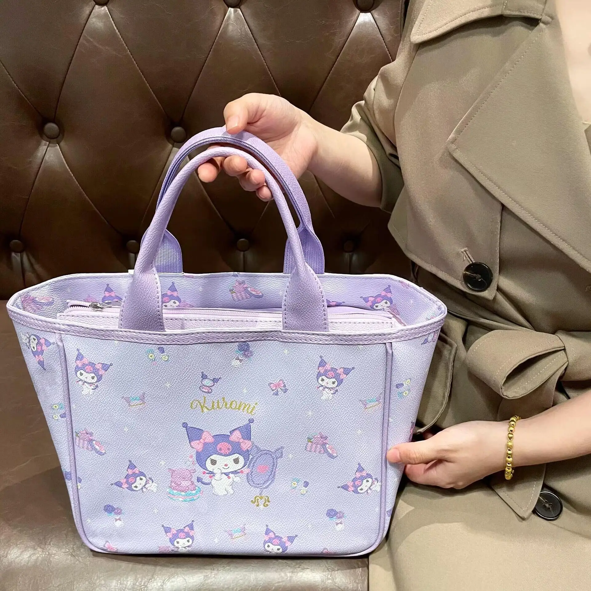 Sanrio Hello Kitty Heart Printed PU Leather Bags Women New Large Capacity Luxury Handbags Y2k Girl Cartoon Cute Trendy Totes