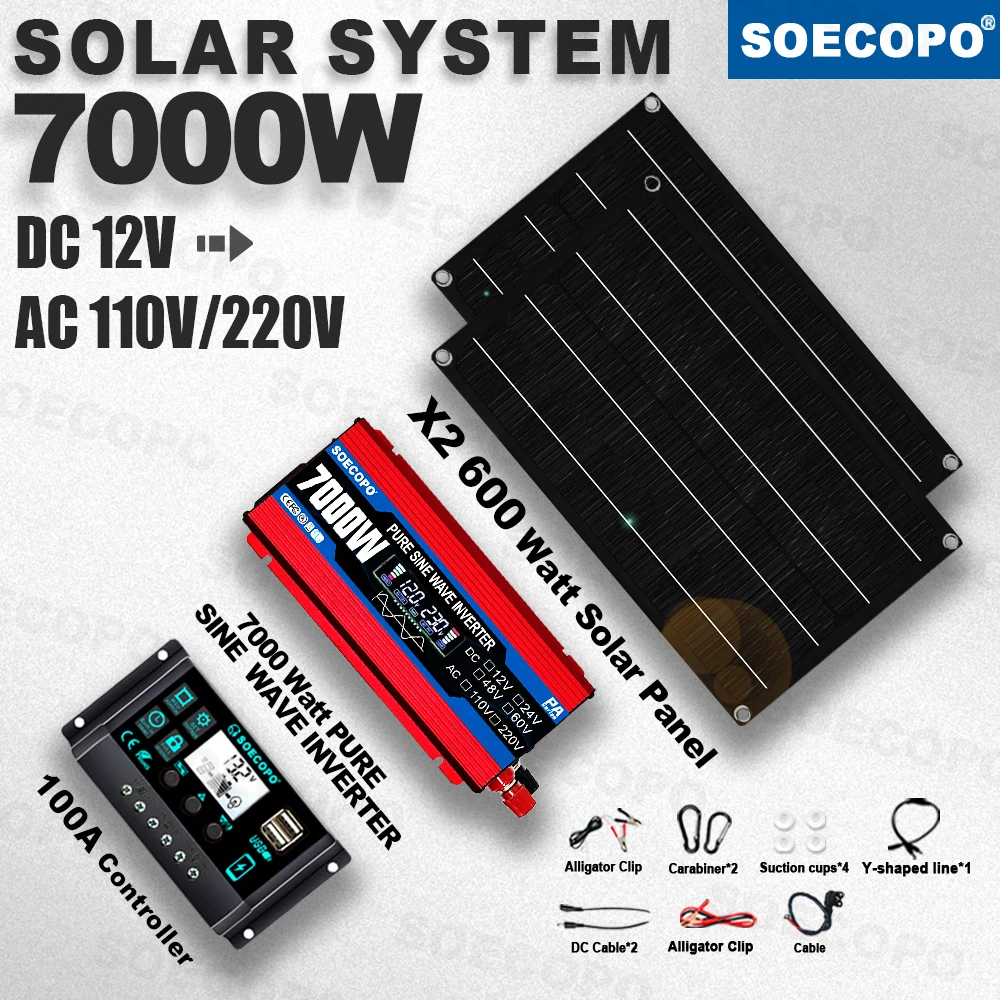 

Easy Setup Pure Sine Wave 7000W Solar Power System 2×600W Panels 100A Controller Inverter for Outdoor Camping,Car Home garden