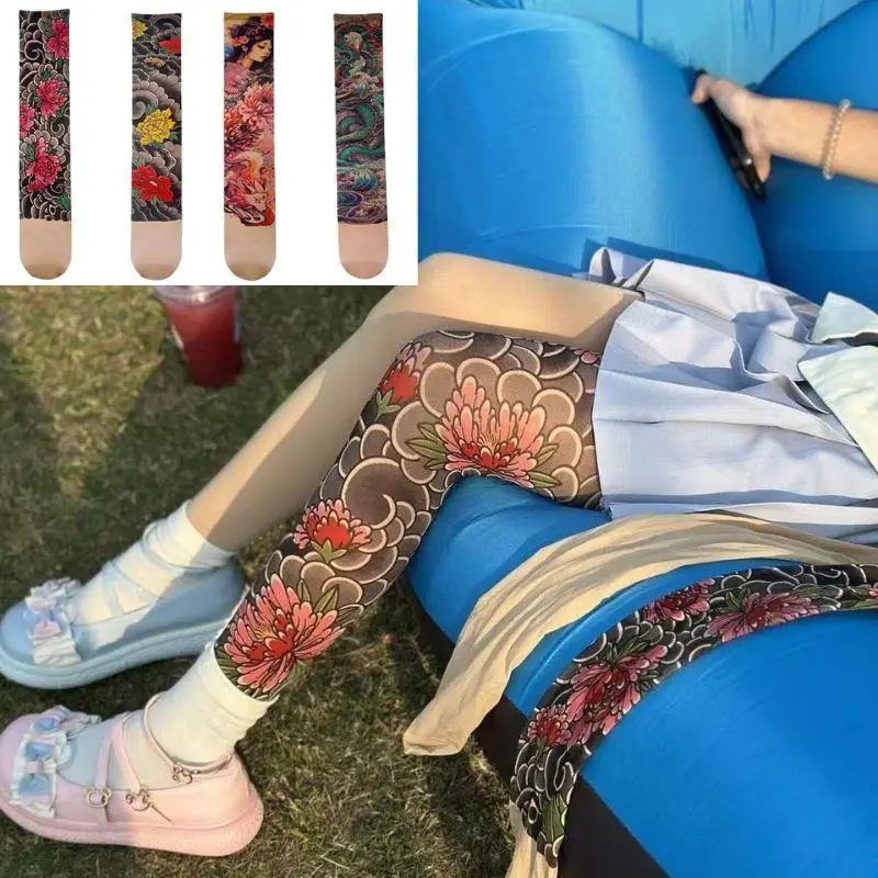 

HOT Fake Tattoo Women's Sexy Printed Tights Mesh Leggings Peony Pantyhose Perspective Female Stockings Thin Summer Pantyhose