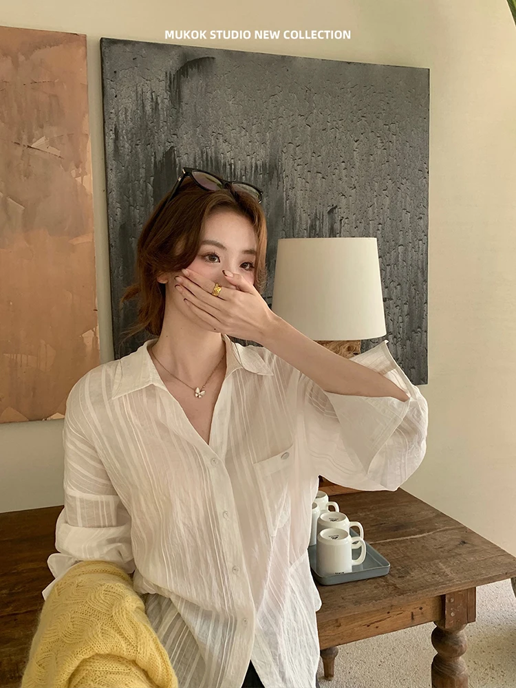 

MUKOK Women's Long Sve irt Waist Cinched Design Versatile Silk Blend Spring Faion Korean Sle Slim Fit Button Detail