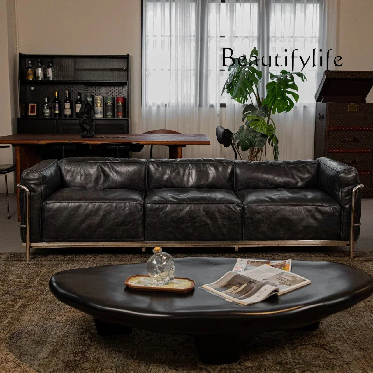 Y29 Retro Medieval Sofa Stainless Steel Oil Wax Leather Straight Row Sofa Living Room Home Reception Room Business Sofa