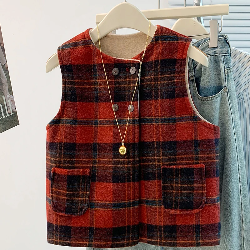 

Winter New Red Plaid Woolen Vest Women Loose Faionable Double Breasted Warm Top Cotton Polyester Thiened round Ne