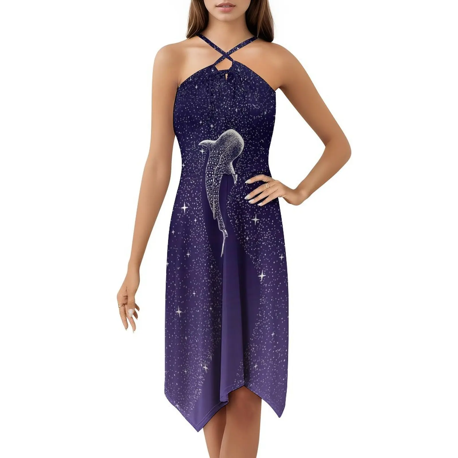 فستان قصير من Star Eater-Space من الأزرق الداكن إلى الأرجواني على طراز Preppy للنساء على شكل حرف a فضفاض مناسب فستان يوم غير رسمي على شكل قرش الحوت #5