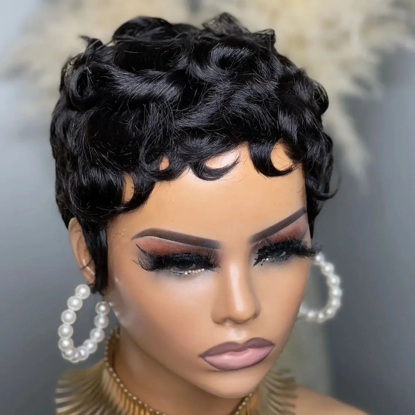 WIGERA Synthetic Short Black Straight Pixie Cut Water Wave Curly Hair Bob Wig With Bangs Hair Full Machine Made For Black Women